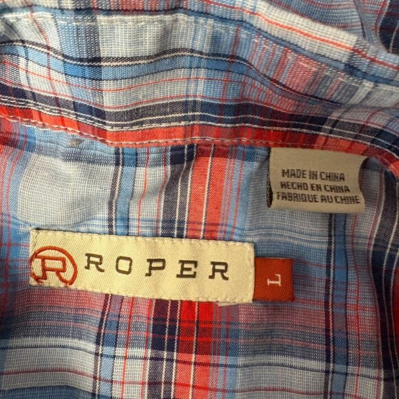 Roper Western Shirt Mens Size Large Blue Red Plaid Pearl Snaps Long Sleeve - Picture 5 of 8